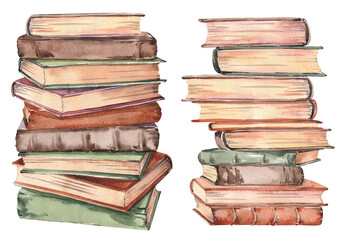 Stacks of books. Watercolor illustration isolated on white background. - 487667345