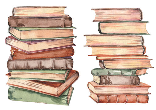 Stacks of books. Watercolor illustration isolated on white background.