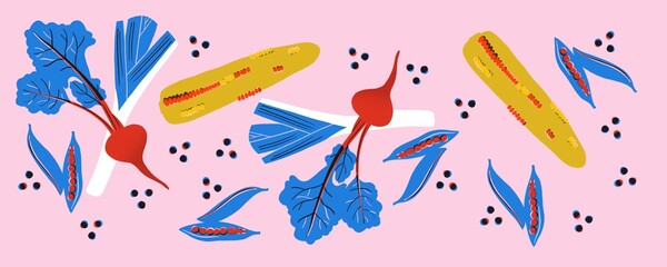 Vegetables abstract illustration. Funny colored typography poster, apparel print design, bar menu decoration. Vegetables still life.	