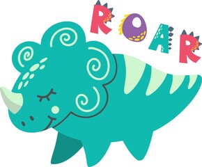 Children's vector illustration. Cute dinosaur and Roar littering. Illustration for print on children's clothing. Little Triceratops.