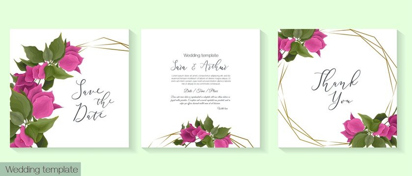 Tropical vector template for wedding invitation. Pink bougainvillea, golden frame