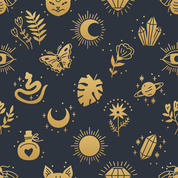 Elegant celestial seamless pattern with boho elements, moon, start, leaf, mystical elements in lineart style. Hippie chic background. Good for fabric, wrapping, textile, wallpaper, apparel.