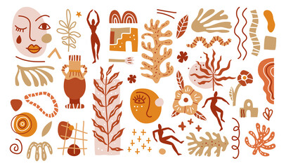 Set of trendy doodle and abstract nature icons on isolated white background. Includes people, floral art and texture bundle. Big summer collection, unusual organic shapes in freehand matisse art style