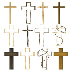 Watercolor wooden crosses clipart, isolated hand drawn illustration on white background