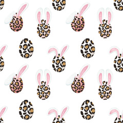 Easter leopard eggs with bunny ears seamless pattern, hand drawn illustration on white background - 487669162