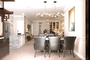 3d render of home interior, living and dining room