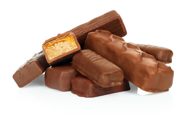 Heap of chocolate bars on white background