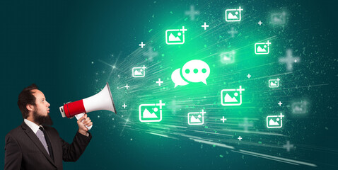 Young person with megaphone and social networking icon