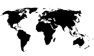 Black outlines of continents on a white background. A view of the whole world