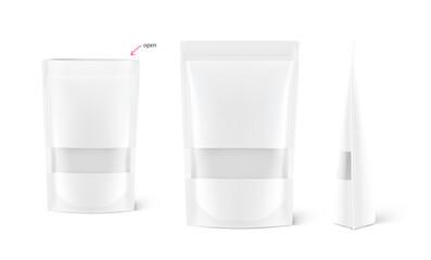 Pouch bag mockup isolated on white background with plastic window. Vector illustration. Perfect for the presentation of your product. EPS10.	