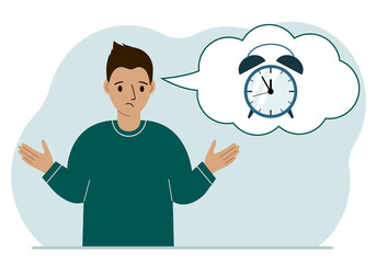 Sad man with a balloon of air thoughts with an alarm clock. Time management, planning, organization of working time, effective business, deadline.