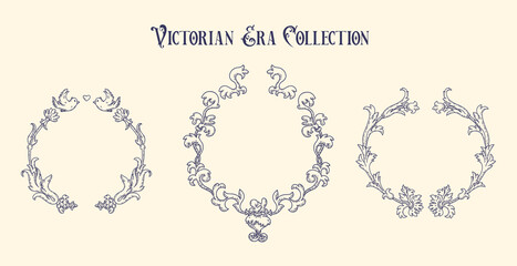 Vintage Victorian era style wreaths inspired by Arts and Crafts movement. Ornaments with floral organic  elements, birds and hearts for wedding invitations, greeting cards, packaging design ets.