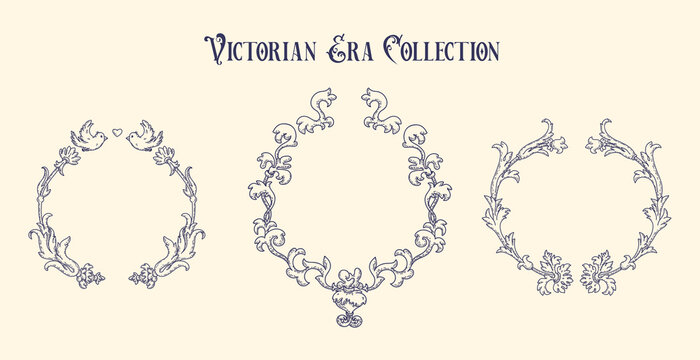 Vintage Victorian era stile wreaths inspired by Arts and Crafts movement. Ornaments with floral organic  elements, birds and hearts for wedding invitations, greeting cards, packaging design ets.