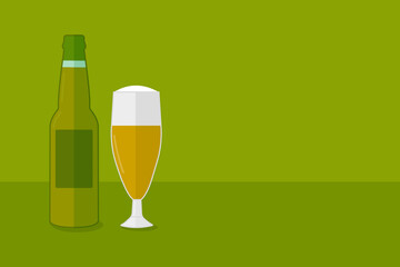 Vector illustration on the theme of beer day. A full glass of beer with foam and a beer bottle on a green background, with an empty space for an advertising slogan. For advertising banner