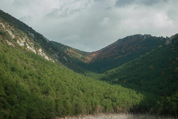 Fototapeta premium Mountain scenery with green and red forests