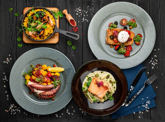 Various seafood dishes in a restaurant