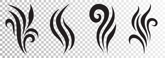 Hot coffe steam vapor, smoke icons. Perfume fragrance, food flavors signs.