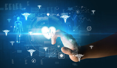 Doctor hand pressing futuristic health device with medical symbol on screen