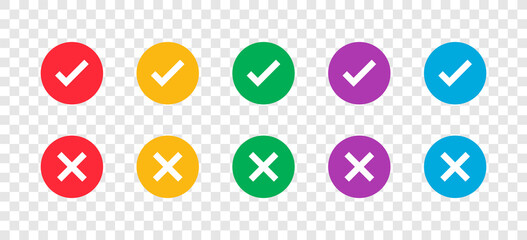 Flat and modern check red cross mark tick symbols isolated checkmark signs on transparent background colored design illustration