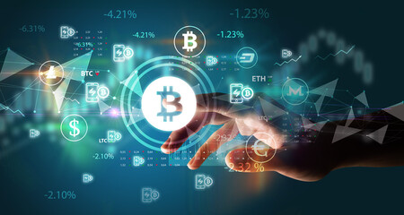 Business person hand pushing currency symbol on multimedia touch screen