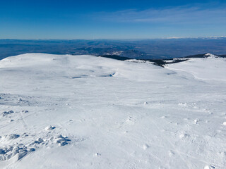 Aerial Winter view of Vitosha Mountain near Cherni Vrah peak, Bulgaria