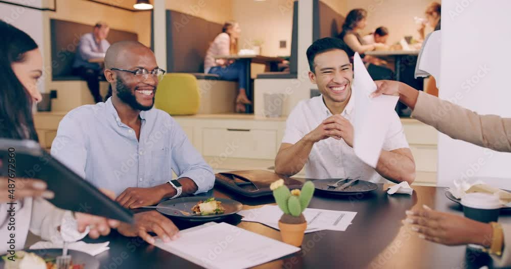 Poster Work gives you meaning and purpose and life is empty without it. Laughing group of business people sitting at a conference table in a modern office and having lunch. Team having a meeting