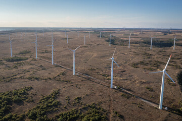 Wind turbines near Balgarevo village on Black Sea coast in Bulgaria