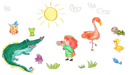 Africa Grassland Wildlife Animals Backdrop Background. Cute oil pastel drawing crayon doodle for children book illustration poster wall painting. Duck Fish Frog alligator Turtle flamingo