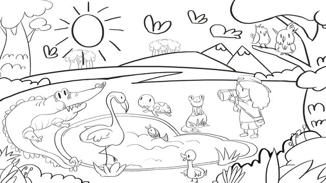 Africa Grassland Wildlife Animals Line art sketches Backdrop Background. Cute doodle for children book illustration poster wall painting. Duck Fish Frog alligator Turtle flamingo