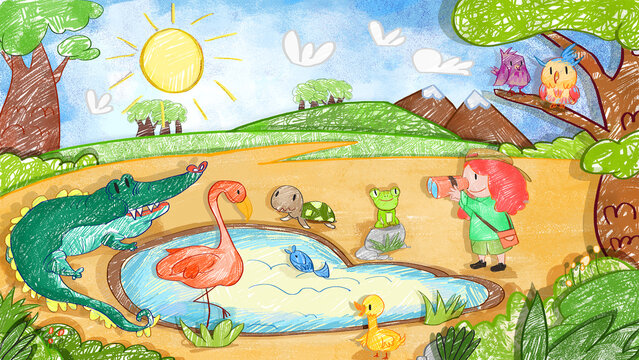 Africa Grassland Wildlife Animals Backdrop Background. Cute oil pastel drawing crayon doodle for children book illustration poster wall painting. Duck Fish Frog alligator Turtle flamingo