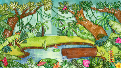 Amazon Rainforest Jungle pond Wildlife Backdrop Background. Cute oil pastel drawing crayon doodle for children book illustration poster wall painting. © LittleWolrdArt