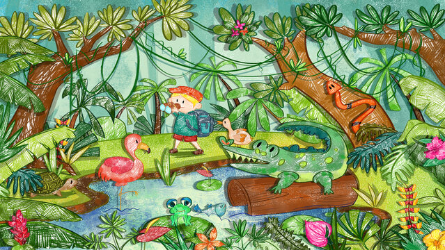 Amazon Rainforest Jungle pond Wildlife Backdrop Background. Cute oil pastel drawing crayon doodle for children book illustration poster wall painting. Duck Fish Frog alligator Turtle flamingo snake