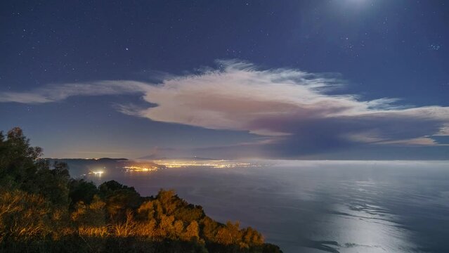 Etna volcano after eruption with smoke and big cloud in front of the mediterranean sea moving over night sky with stars on February 10 2022 , Sicily, Italy