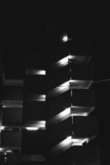 Een verticaal grijswaardenperspectief van een interessant gebouw in de nacht.