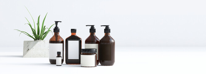 3D render product mockup, set of Aroma spa containers pump amber round bottle and jar arrange on white background with green leaves plants. Blank label, Bottles, Packaging, Bath and body, Skincare.