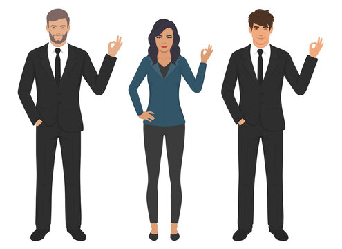 Handsome business man and woman in casual clothes gesturing ok sign isolated vector illustration