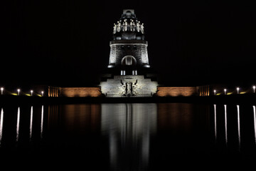 Battle of nations monument at night in Leipzig, Germany. Voelkerschlachtsdenkmal moody dark