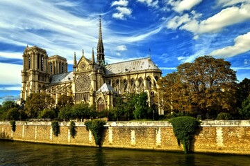 Cathedral of Notre-Dame in Paris feather clouds blue sky