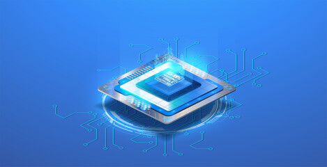 Microchip or microprocessor, hardware engineering. Futuristic microchip processor with lights on the blue background. Quantum computer, large data processing, database concept. Future technology