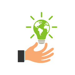 Glowing light bulb in a businessman's hand. Hand with a green light of nature energy lamp. Illustration.