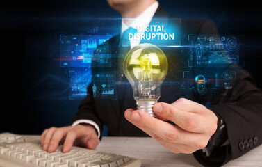 Businessman holding a light bulb, online security concept