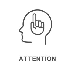 Icon - attention. The hand gesture in the head shows that the person is focused on the object. The thin contour lines.