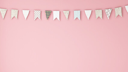 3D render of cute colorful handmade paper bunting flag in pattern of white, yellow, green, beige...