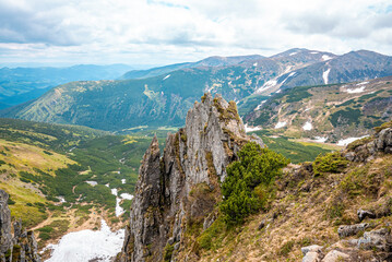 Scenic view of rocky cliff and snow against the mountain ranges dense lush foliage and cloudy sky