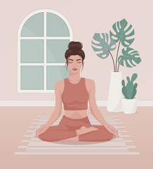 International Yoga Day. A young, beautiful girl sits in a lotus position at home on a rug by the window. Vector illustration.