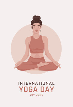 International Yoga Day. A young, beautiful girl sits in a lotus position against the backdrop of the sun. Vector illustration.