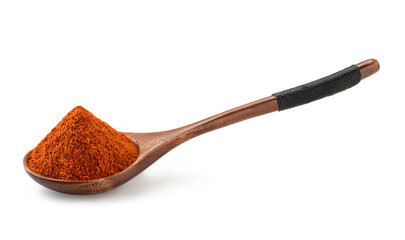 traditional wooden spoon with red chili or paprika isolated on white background