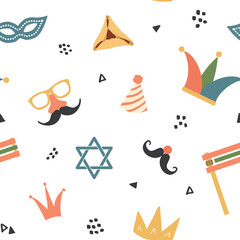 Purim seamless pattern. Traditional Jewish holiday background. vector illustration