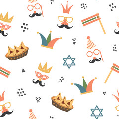 Fototapeta premium Purim seamless pattern. Traditional Jewish holiday background. vector illustration