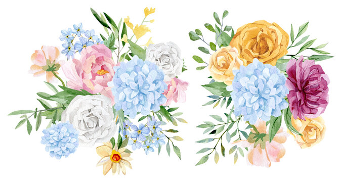 Watercolor floral bouquet illustration with pink blue yellow white flowers, wild flowers, green leaves, foliage, branches for wedding stationery, greeting card, baby shower, banner, logo design.